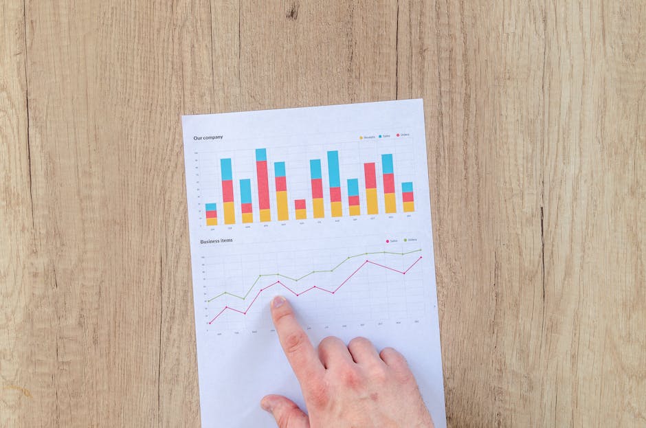 A hand points to colorful business charts and graphs on a paper sheet